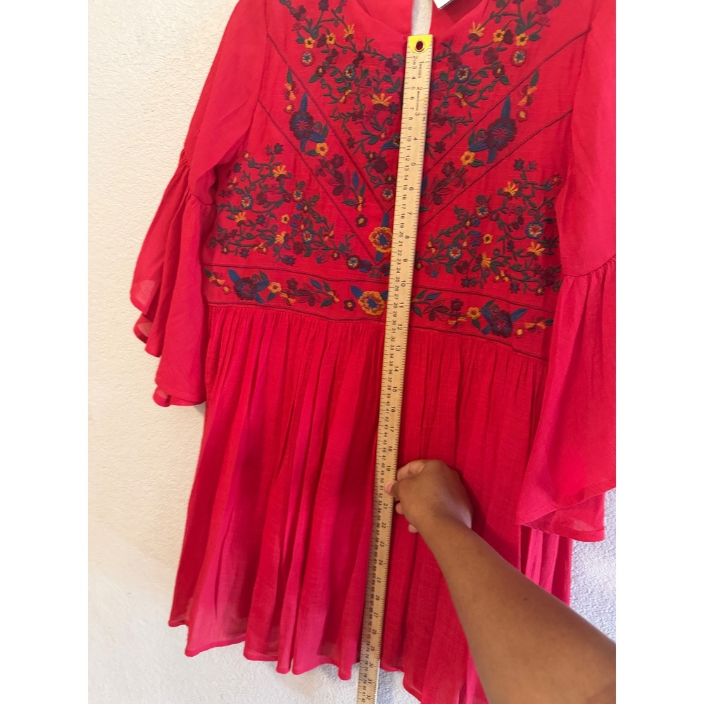 Altar'd State Red Embroidered Boho Tiered Mini Dress Bell Sleeve Medium C0384 - Picture 5 of 10